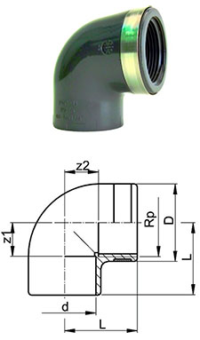 Отвод 90 градусов переходной с внутренней резьбой (Rp) НПВХ (PVC-U) Georg Fischer