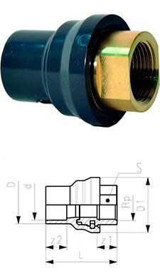 Переходной фитинг раструб-ниппель (два диаметра) PVC-U метрический – латунь Rp