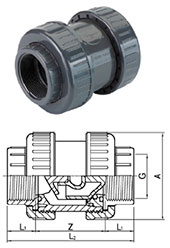 Обратный клапан с внутренней резьбой (пружина из резины EPDM) НПВХ (PVC-U) Tecno Plastic